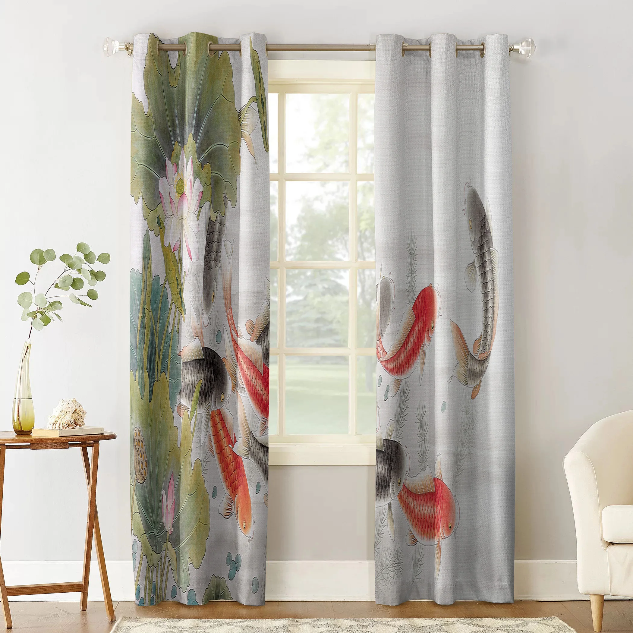 Lotus Varicolored Koi Fish Window Treatments Curtains Valance Curtain Rod Living Room Bathroom Bedroom Indoor Drapes Decor