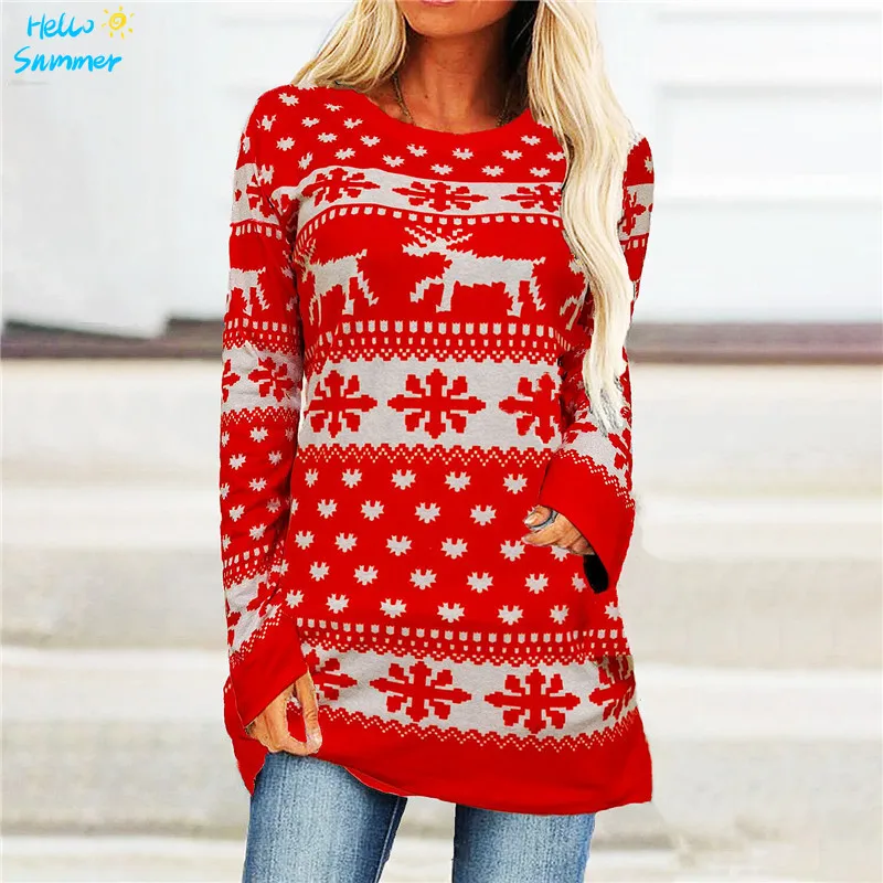 

New Fashion Party Christmas T Shirts Women Elk Snowflake Print T Shirt Long Sleeve Tops Loose Casual Harajuku Ladies Autumn Tees
