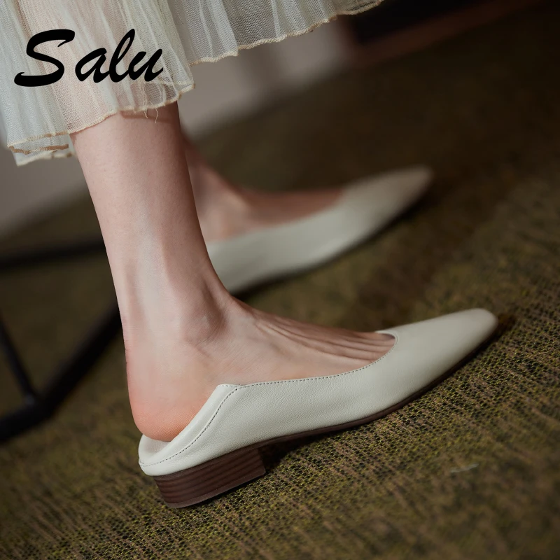 

Salu Concise Women Mules Classic Design 2021 Spring Summer Low Heels Pumps For Women Genuine Leather Shoes Woman wedding