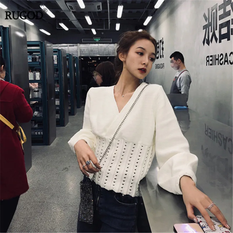 Женский ажурный вязаный свитер RUGOD белый Повседневный джемпер-туника с v-образным