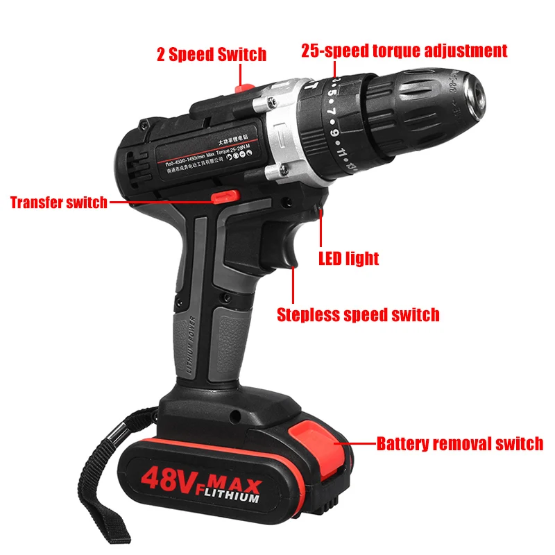 

48V Electric Hammer Drill Cordless Drill Woodworking Tool Rechargeable Woodworking Drills WWO66