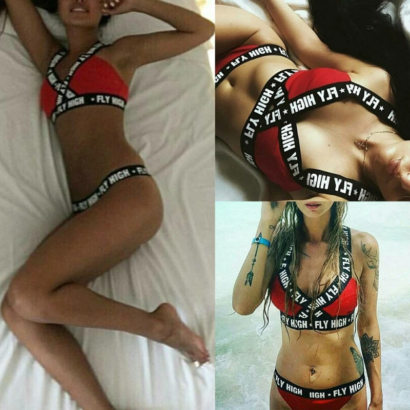 Women Bralette Set Letter Print Triangle Cup Sports Bra Thong Briefs Underwear X3UE