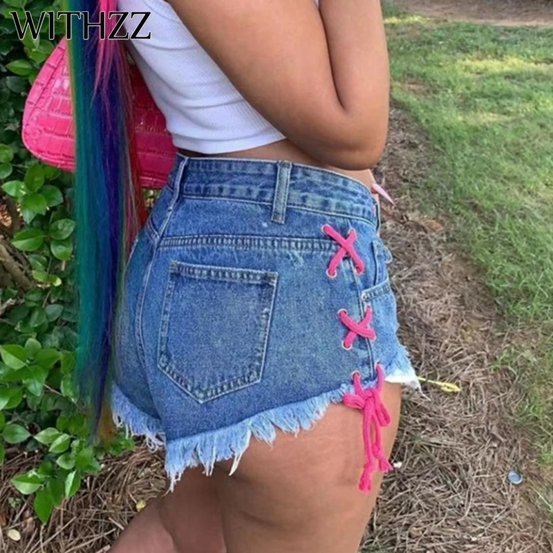 

WITHZZ Spring Summer Women's Jeans Ripped Tie Rope Female Denim Shorts