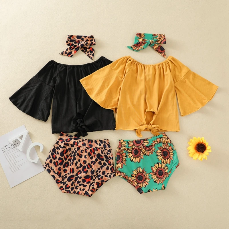 

Infant Bady Girl Flared Short Sleeves + Shorts + Bow Headband Sunflower Flower Print High Waist Version Summer Clothing