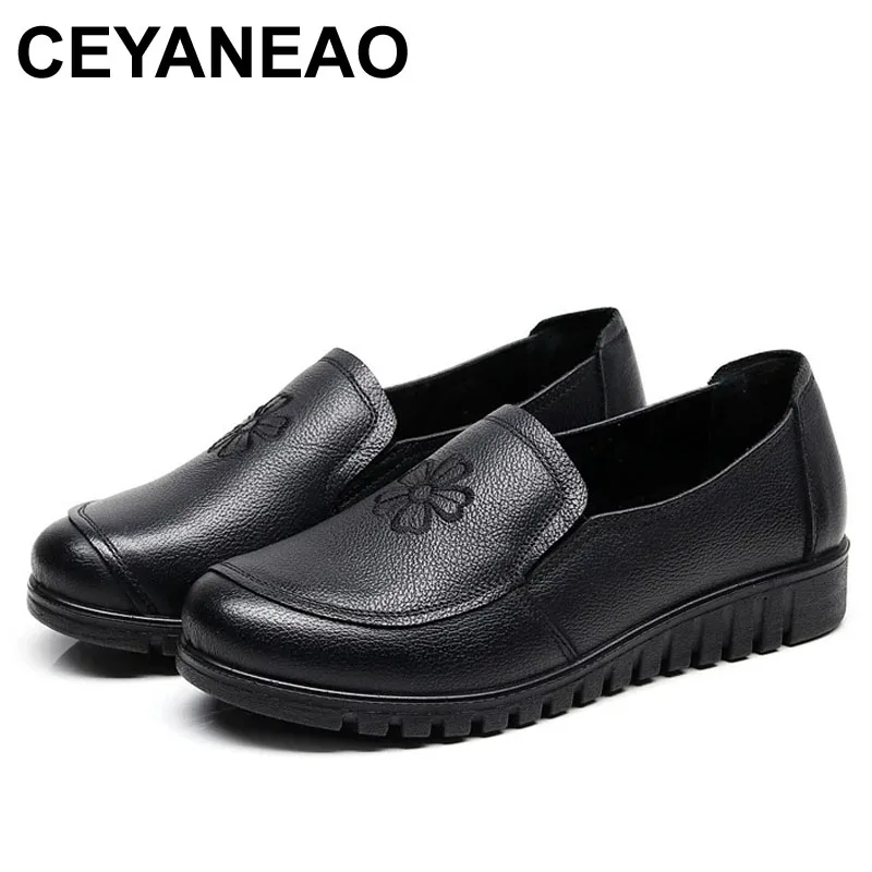 

CEYANEAO Spring Autumn Women Casual Shoes Slip-on Female Loafers Genuine Leather Leisure Flats Black Soft Breathable Ladies Foot