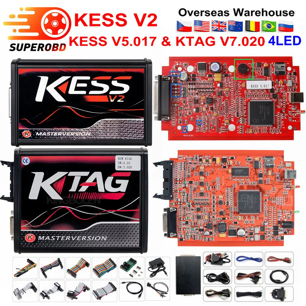 Онлайн ЕС красный Kess V5.017 V2.47 OBD2 менеджер Тюнинг Комплект KTAG V2.25 V7.020 4 светодиодный Kess V2 5,017 BDM Рамка ECU программист