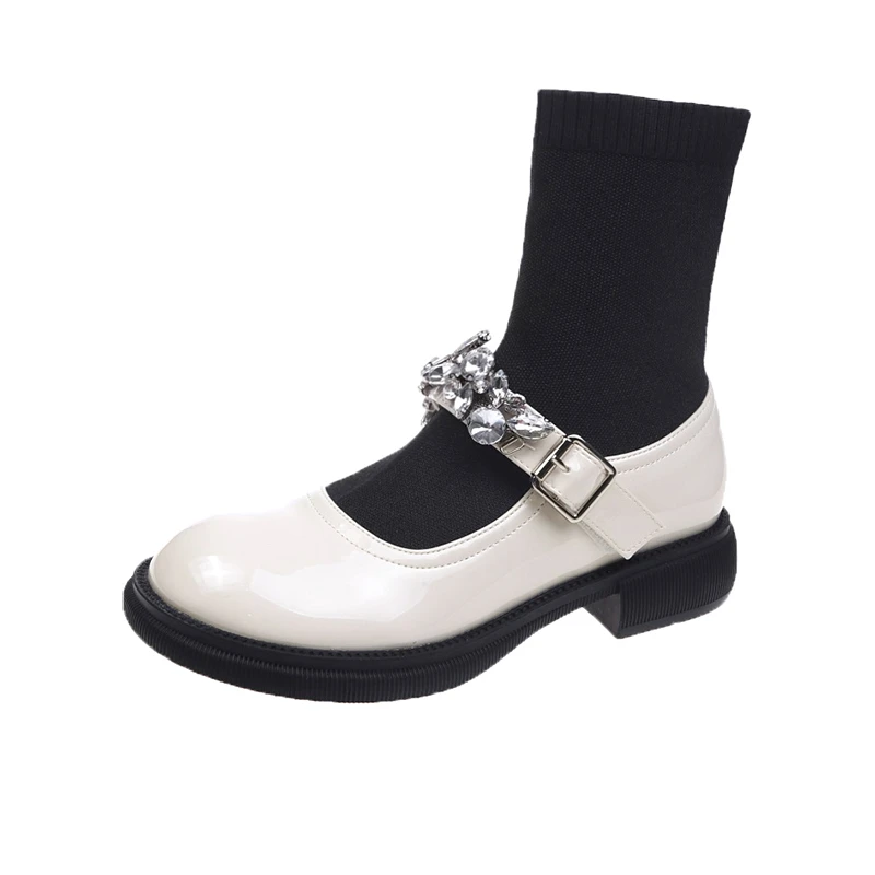 

2021 Autumn Women's Shoes Casuals Buckle Strap Solid Crystal Round Toe Fashion Sweet Med Heels Square Heel All-match Flats
