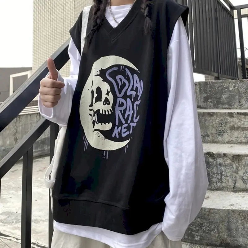 

Женская футболка оверсайз из двух предметов, жилет без рукавов с длинным рукавом, футболка с вышивкой, пуловер в стиле Хай-стрит, женская оде...