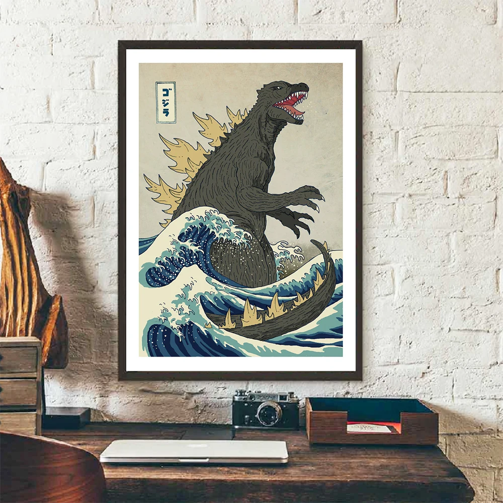 

Kids Room Boy Room Canvas Painting The Great Beast Off Kanagawa Art Print Poster Wall Decorative Dinosaur Picture No Frame