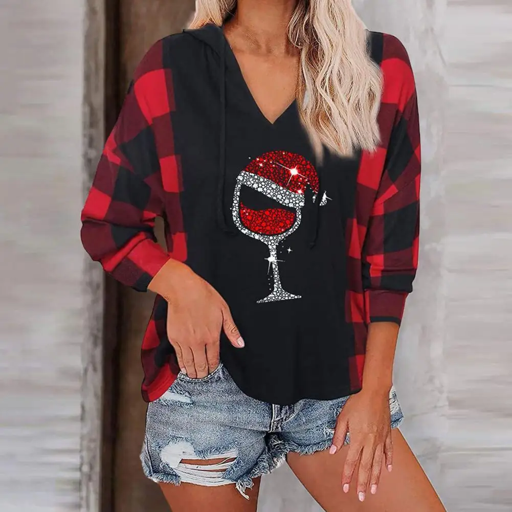 

Christmas Hoodies Women Hooded Sweatshirt Contrast Color Wine Glass Print Hooded Pullover Top Women Hoodie sudaderas con capucha