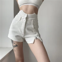 sexy trendy high waist women denim shorts jeans side split open short trousers zipper design korean street sweatshorts white
