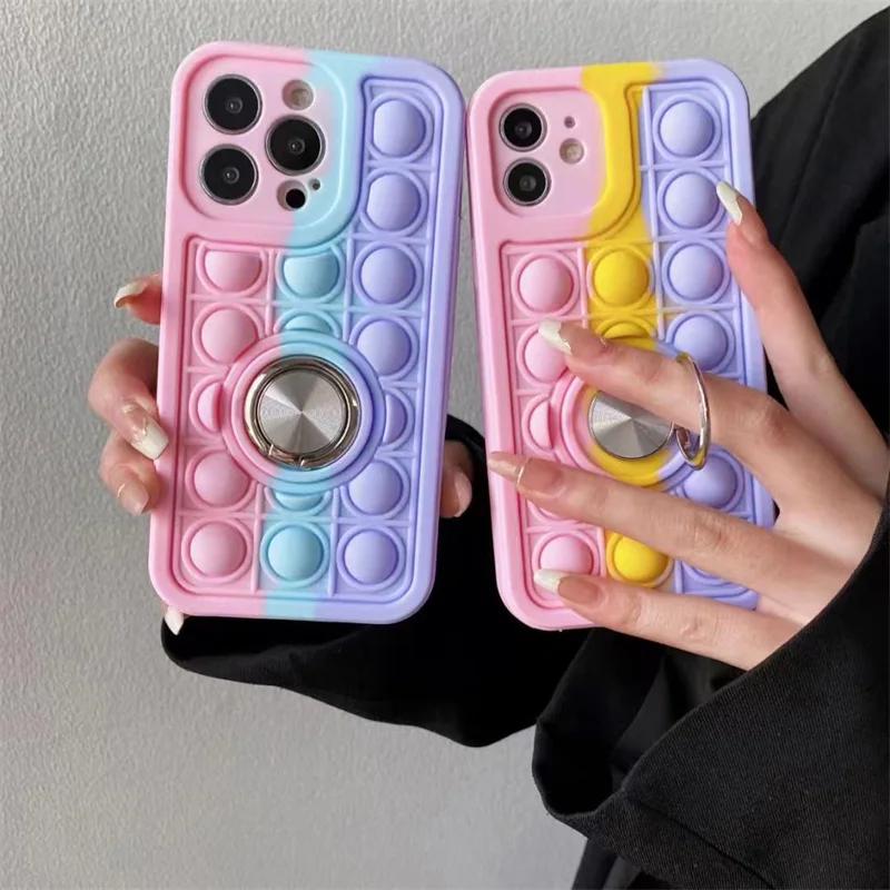 

Reliver Stress Soft silicone bubble Phone Case For iphone 13 12 11 Pro XS Max XR 7 8 Plus SE20 X luxury Stand fold bracket rin
