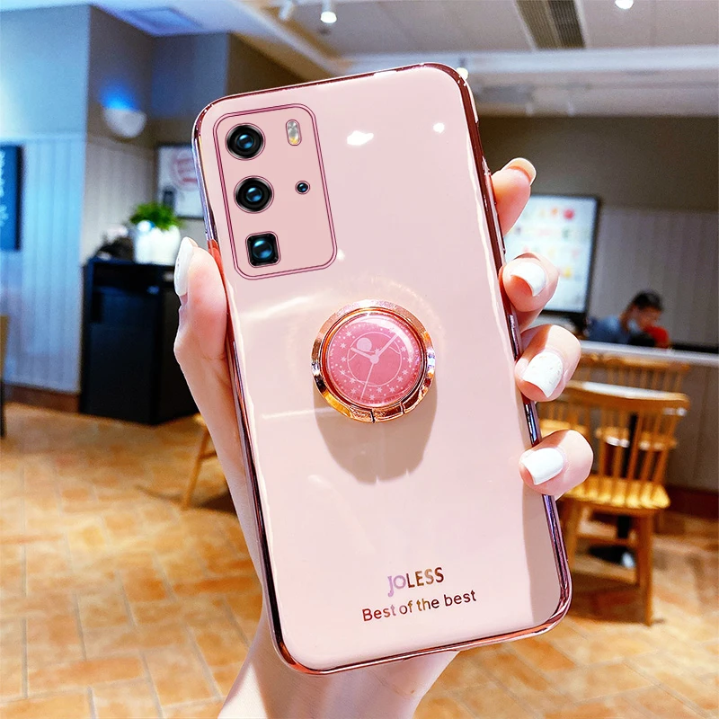

Ultra-thin Cute Plating Silicone Ring Bracket Phone Case For Huawei P40 P30 P20 Lite Mate 30 20 Pro Luxury Stand Soft Cover