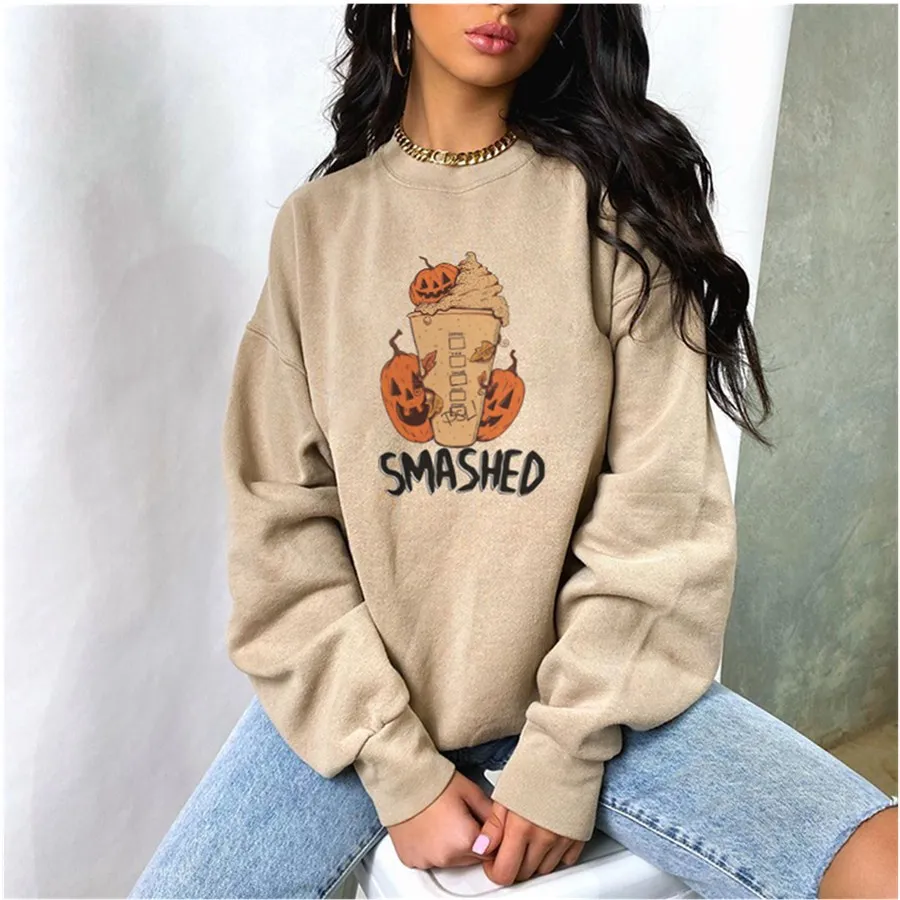 

2020 New Halloween pumpkin style casual print long sleeve dress with fleece hoodie