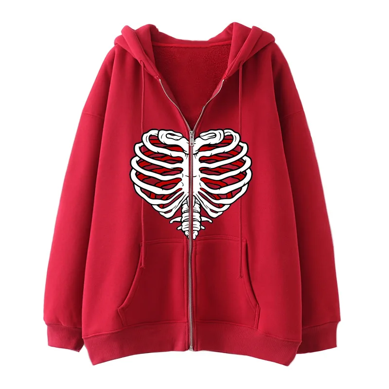 

Love Skull Print clothes hooded sweater loose coat women oversize long-sleeved shirt zipper Cardigan jacket vintage Top punk bar