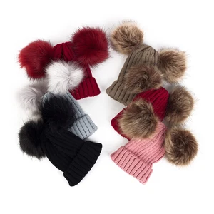 Осенне-зимние детские шапки FOCUSNORM для девочек и мальчиков, 14 цветов, вязаная однотонная шапка с двумя шерстяными шариками, милая мягкая шапка для мальчиков и девочек, детские вязаные шапки
