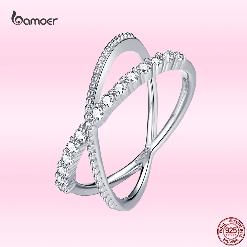 

Bamoer 2021 Genuine 925 Sterling Silver Classic Cross Ring for Women Luxury Zircon Elegant Romantic Wedding Party Jewelry Gift