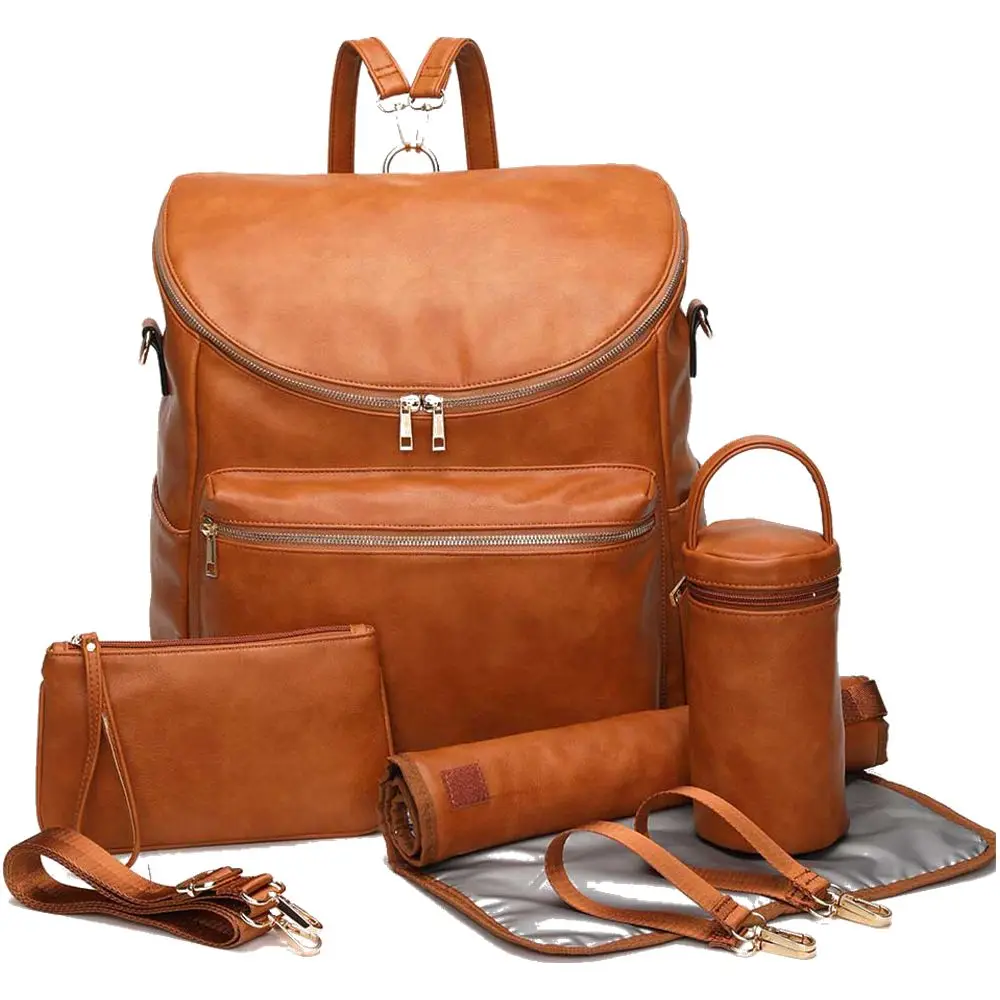 

PU Leather Baby Travel Nappy Diaper Bag Backpack Stroller Organizer+Changing Pad+Stroller Straps+Insulation bag+Cosmetic bag