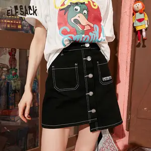 Женская джинсовая юбка ELFSACK, черная однотонная Повседневная Асимметричная мини-юбка с одной пуговицей и вышитой надписью, весна 2020