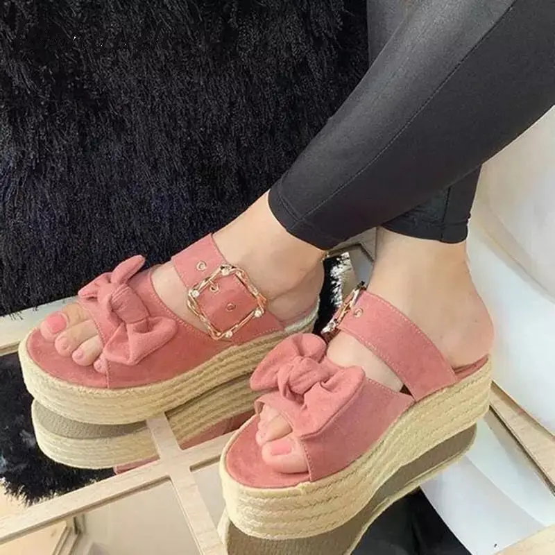 Шлепанцы женские на платформе сланцы летние сандалии с бантом льняные тапочки