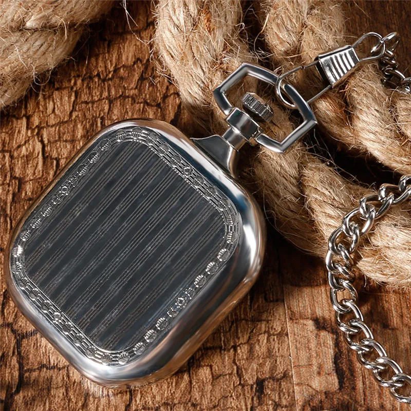 Silver Square Shape Pocket Watch Unisex Handwinding Mechanical Watches Open Face Design Roman Number with Pendant Chain Clock