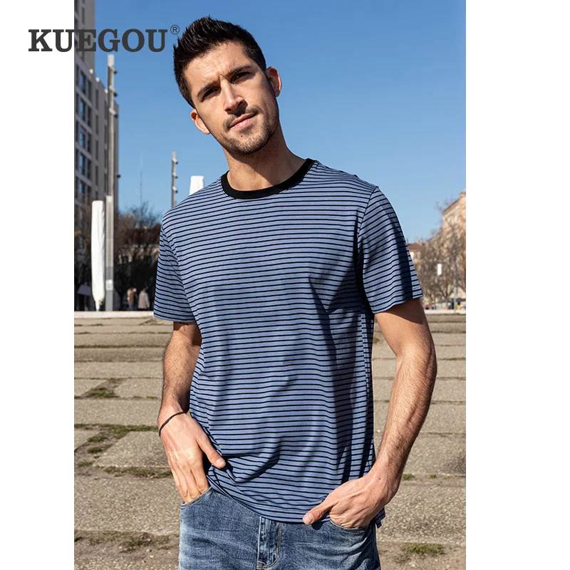 

KUEGOU 2021 летняя Хлопковая полосатая футболка с вышивкой Мужская футболка брендовая футболка с коротким рукавом модная одежда Топ 90075