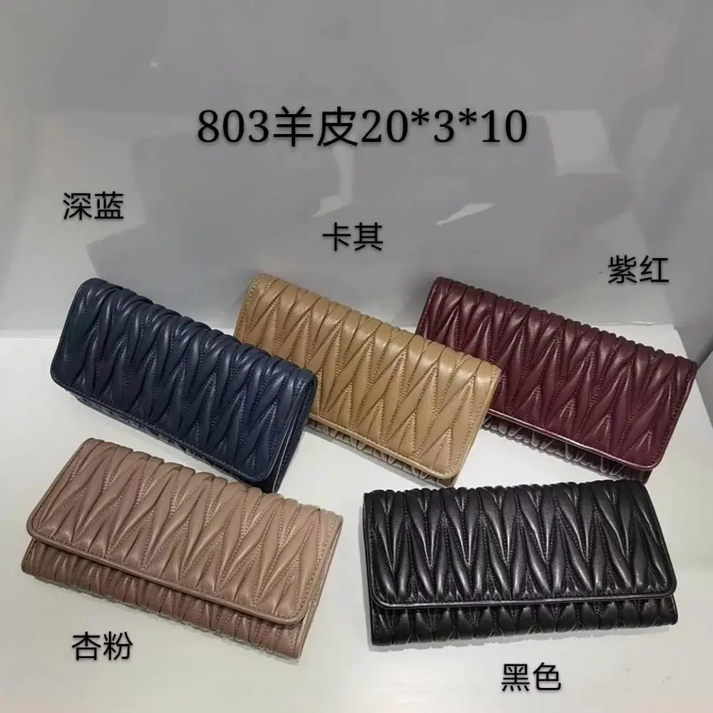 

free shipping 2020 the new style fashion pleated genuine leather sheepskin women wallet 5 color 20cm