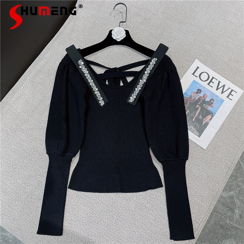 

Женская Вязаная футболка в стиле ретро, однотонная французская футболка с квадратным вырезом и пышными рукавами, вязаный пуловер, Новинка о...