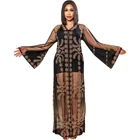 Женский комплект из двух предметов, длинное Сетчатое платье макси с расклешенным рукавом и V-образным вырезом и платье на бретелях, соблазнительное платье-халат с бриллиантами