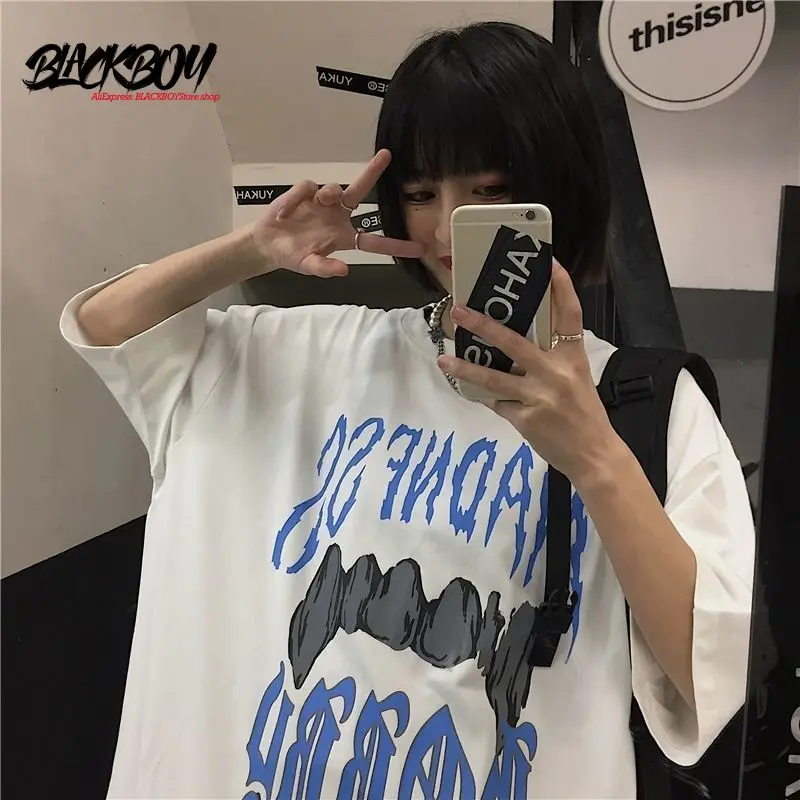 

Blackboy summer short sleeve t-shirt men's 2021 new large loose student Hong Kong style trend printed half sleeve couple top