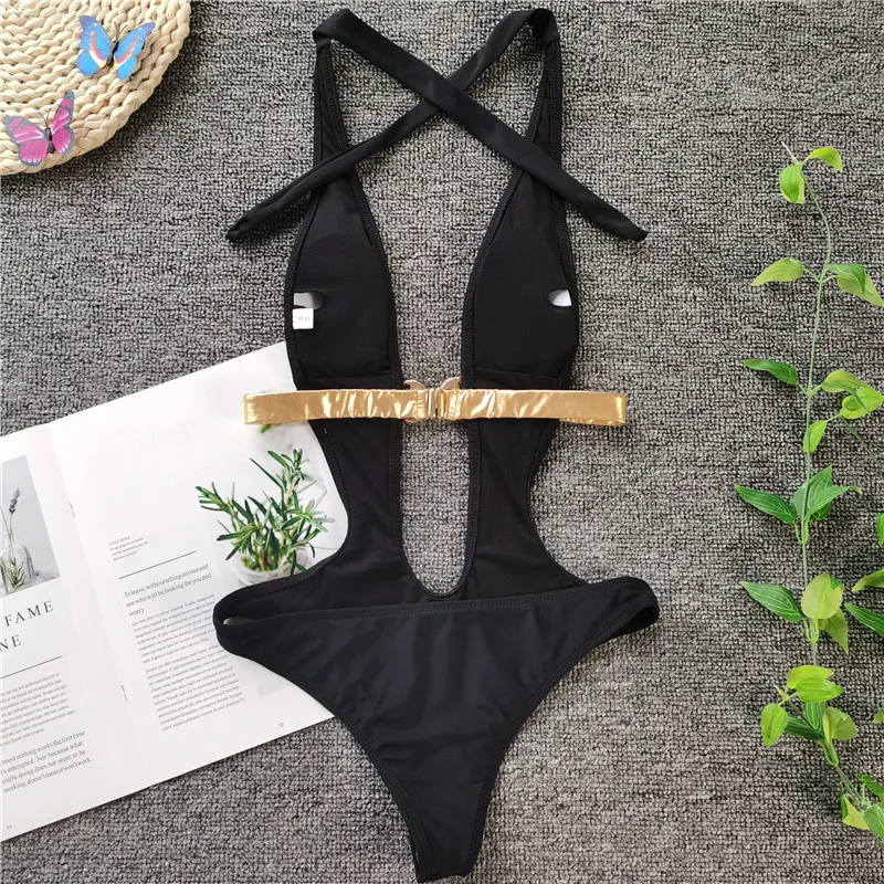 Женский слитный купальник-монокини с глубоким V-образным вырезом и открытой