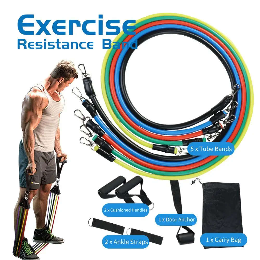 

11PCS Resistance Bands Tube Set Stretch Training Rubber Expander Tubes Pilates Fitness 4 Tubes Latex Foot Elastic Pull Rope