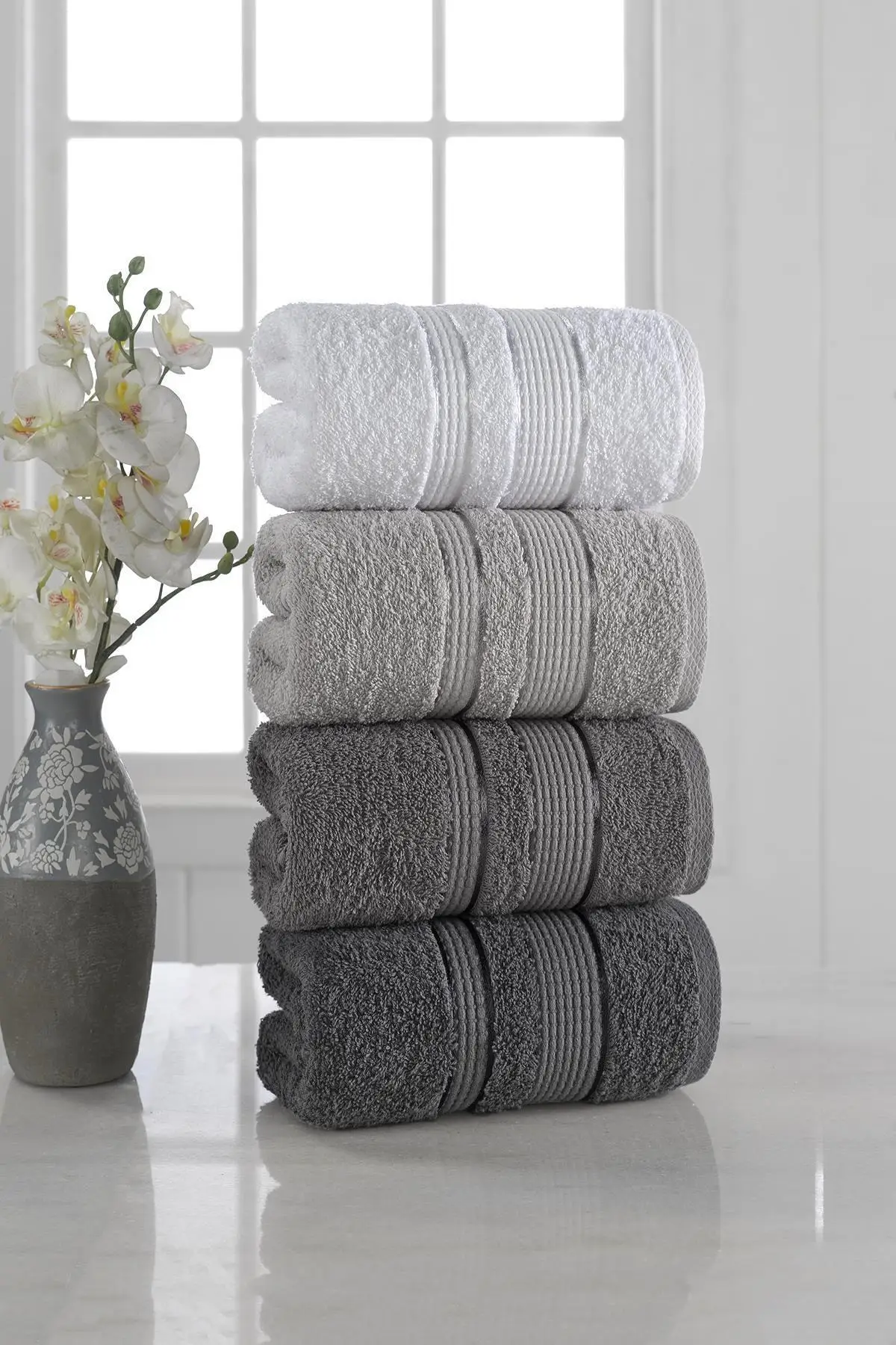 Home Textile Hand Face Towel 4 Pieces 50x85 Gray Colored Soft Cotton