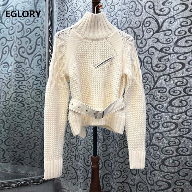 

Turtleneck Sweaters 2020 Autumn Winter Tops Women Twist Knitting Zipper Belt Patchwork Long Sleeve Casual Thick Wool Sweater