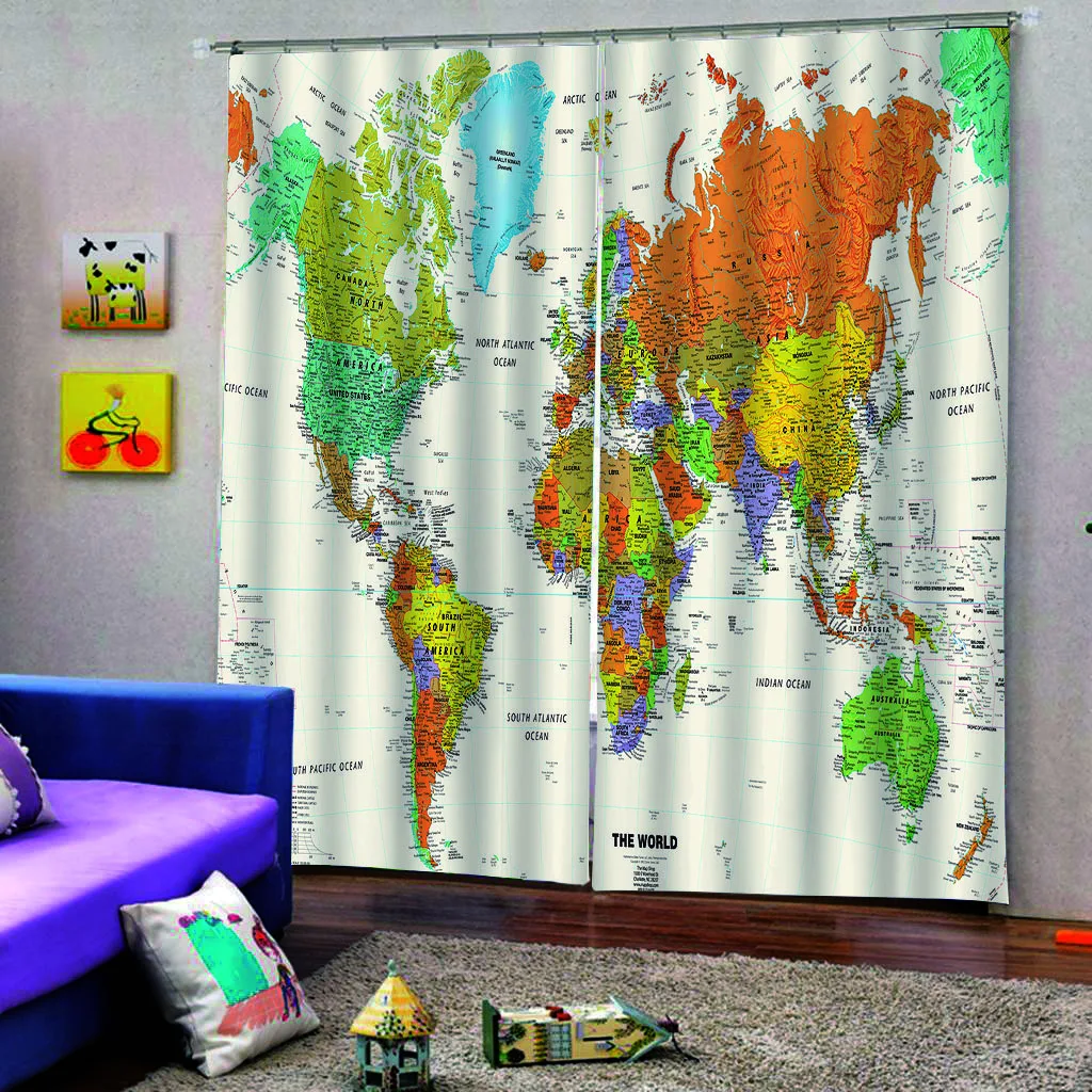 Светонепроницаемые шторы с цифровой печатью карты мира для детской комнаты