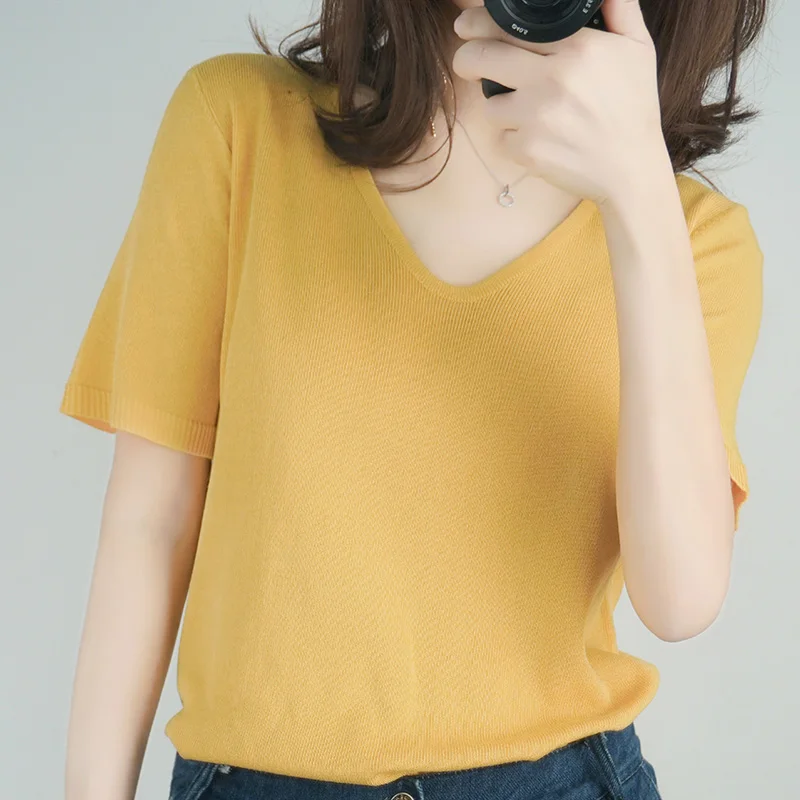 ASLTW Women T-shirt New Arrivals Summer Short Sleeve Woman Clothes Tops Ice silk Soft Thin Knitted Vintage Female Tee Shirt | Женская