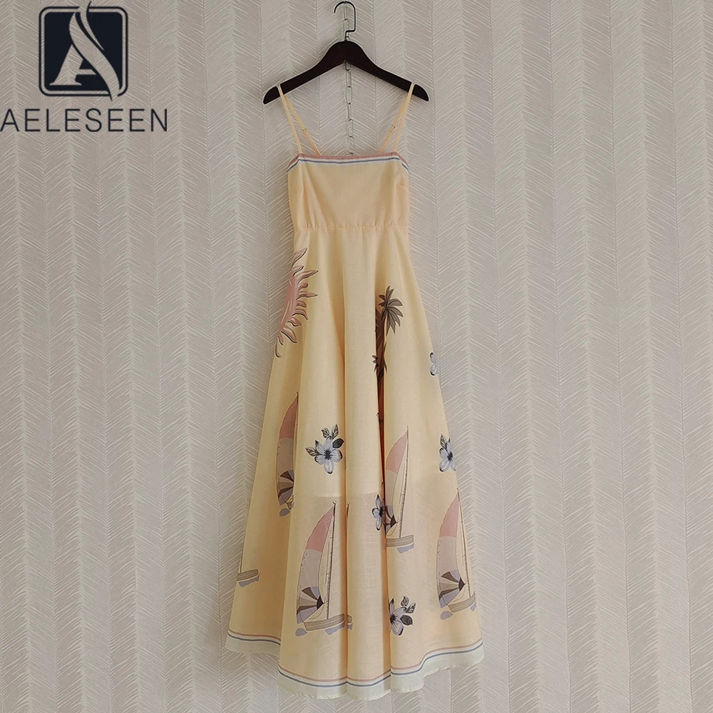 

AELESEEN Fashion Designer Spring Summer Cotton Dress 2022 Women's Spaghetti Strap Flower Striped Print Vacation Long Camisole