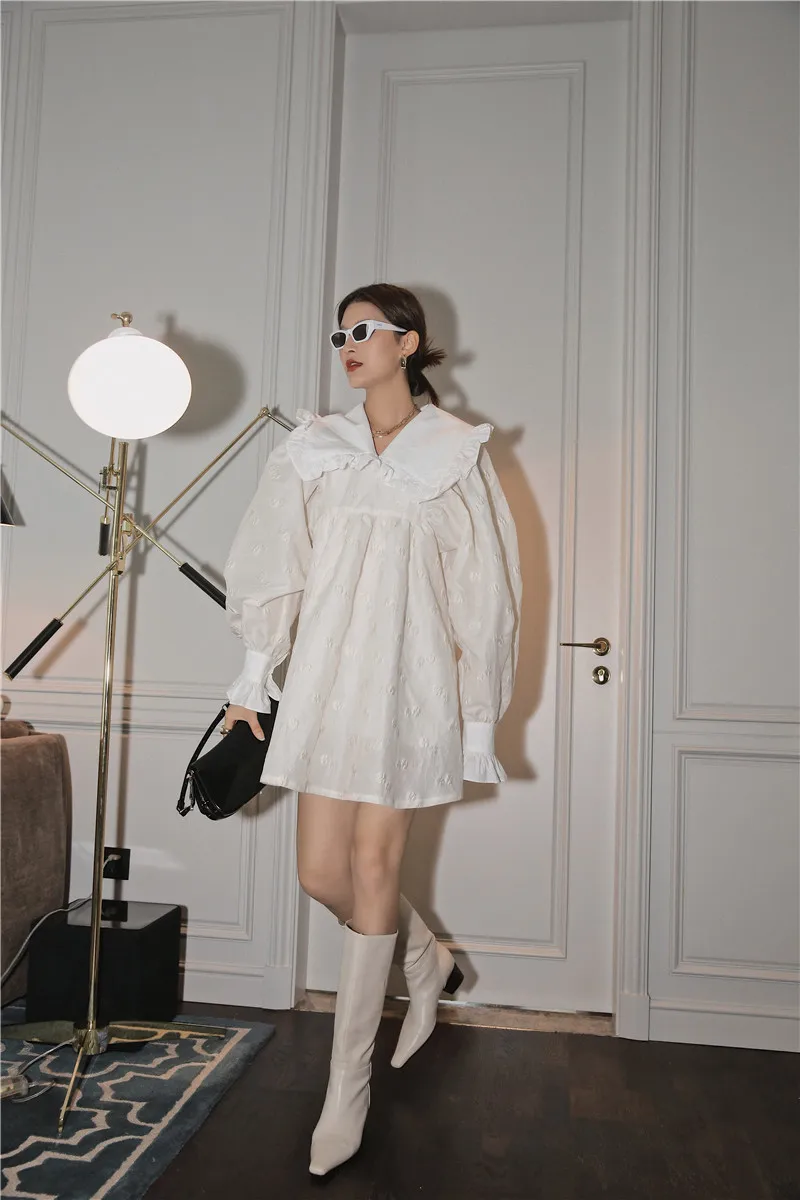 

2021 Spring New Sweet Jacquard Loose Doll Collar Ruffled Pullover Dress Female Casual Fold Design White Mini Dress
