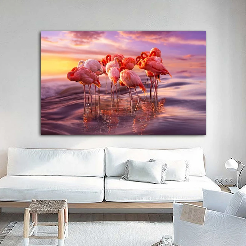 Настенный постер с изображением фламинго на море пейзаж Картина холсте для