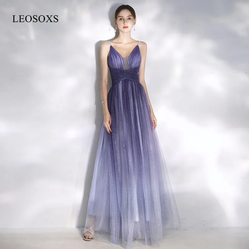 

Sexy Prom Dress Long Spaghetti Straps 2020 New Stunning Purple Tulle Party Evening Gowns A Line Floor Length Zipper Back Robe