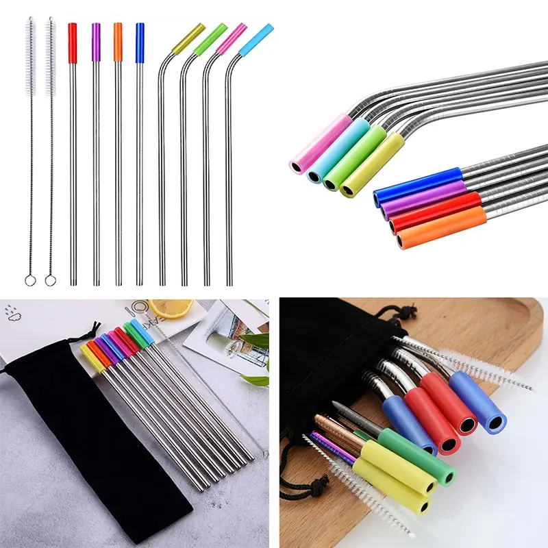 

304 Stainless Steel Straws Metal Reusable Straight Bent Drinking Straw With Case Cleaning Brush Set Party Bar accessory