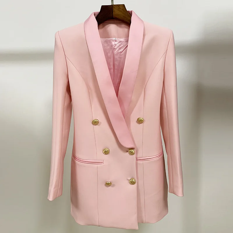 pink Высокое качество, Длинный блейзер, платье, новинка, розовое пальто, классический двубортный пиджак, пряжка, атлас, шаль, воротник, Женский блейзер, костюм - Цвет: pink