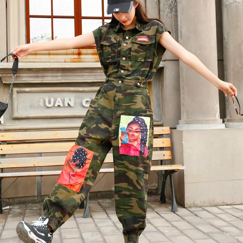 Camouflage jumpsuit women's European station loose-fitting high-waisted heavy-duty beaded cloth tooling fried street jumpsuit