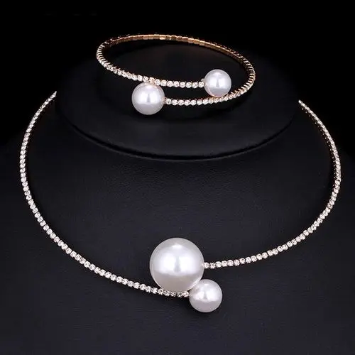 

Women Simulated Pearl Choker Necklace Bracelet Set Pearl Crystal Adjustable Wedding Bridal Jewelry