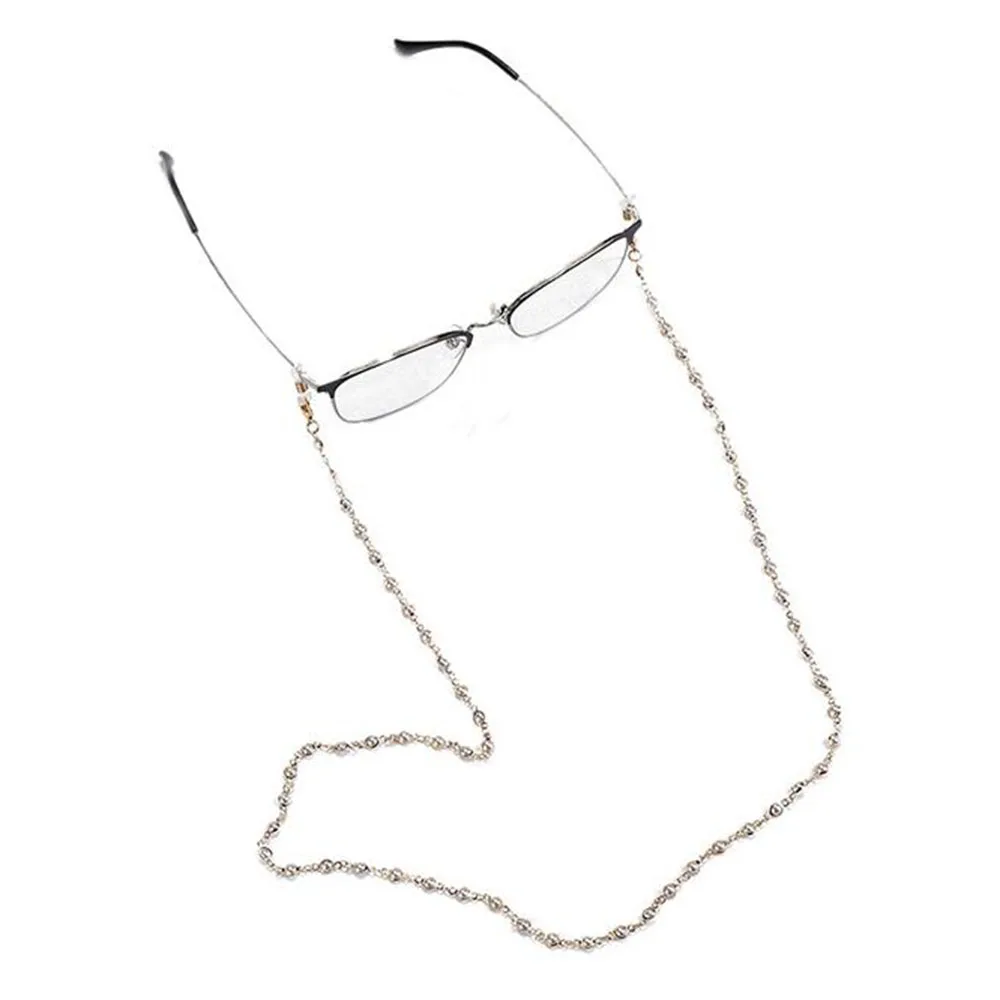 Цепочка для очков с белыми хрустальными бусинами и жемчугом металлическая