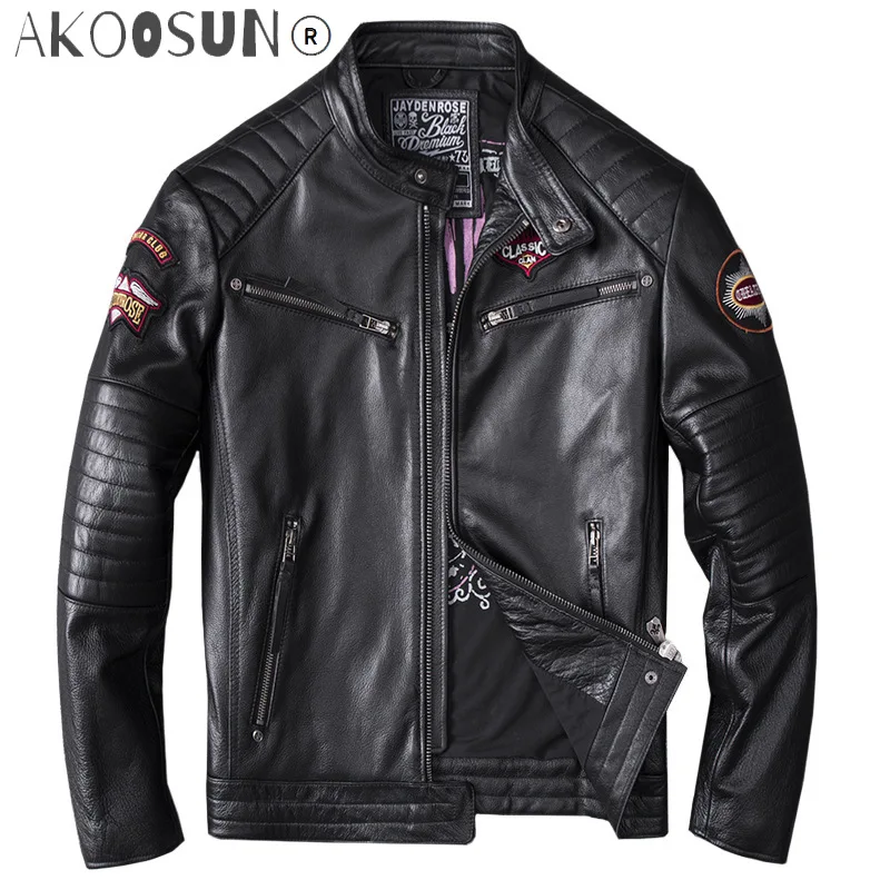 

Men's Real Cow Leather Jackets Indiana Embroidery Genuine Leather Jackets Black Motorycycle Leather Coat for Male