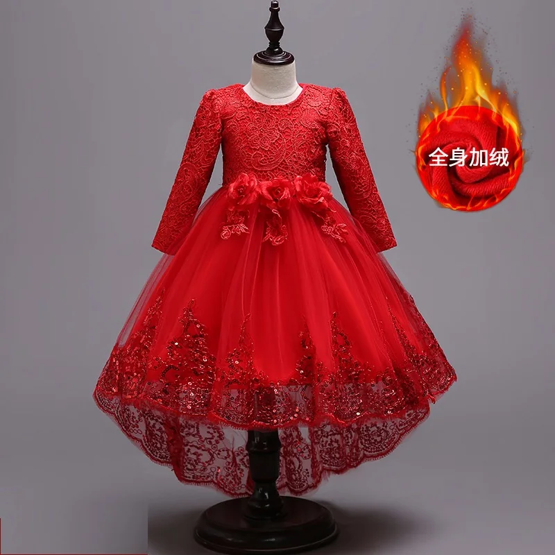 Классическое зимнее кружевное детское платье принцессы с длинным рукавом и