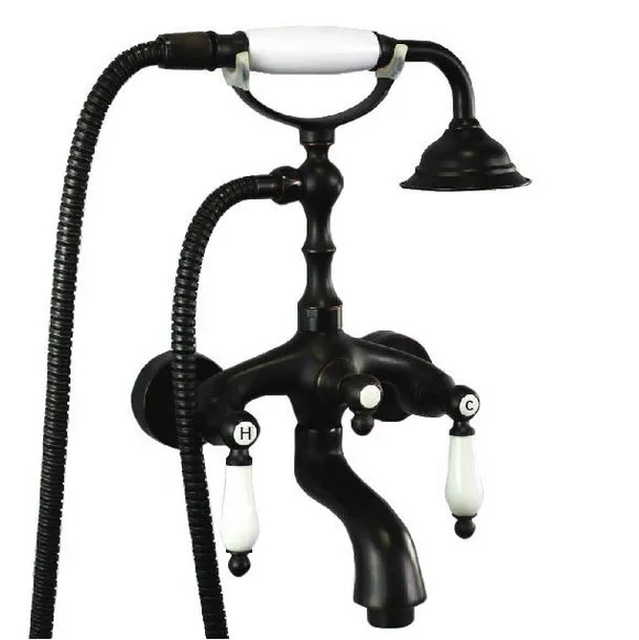 

Black Oil Rubbed Brass Double Ceramic Handles Wall Mounted Claw Foot Bathroom Tub Faucet Mixer Tap With Handshower mtf039