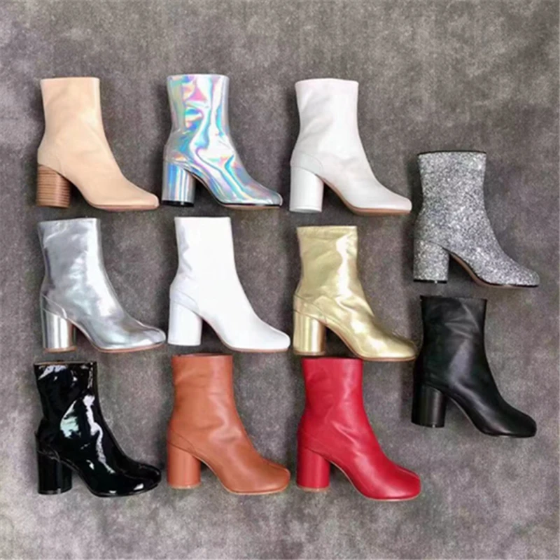 

Women Split Toe Genuine Leather Boots Ninja Tabi Boots Real Leather Chunky Heel Ankle Boot Cow Leather Woman High Heels Shoes