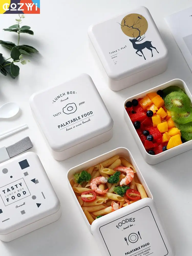 Double Layer Square Lunch Box Food Container Household Outdoor Picnic Sealling Cap With Spoon Bento | Дом и сад